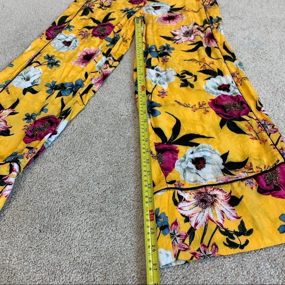 TOPSHOP Asian Oriental yellow floral flower print wide leg trousers belted Sz 8 - Picture 14 of 16